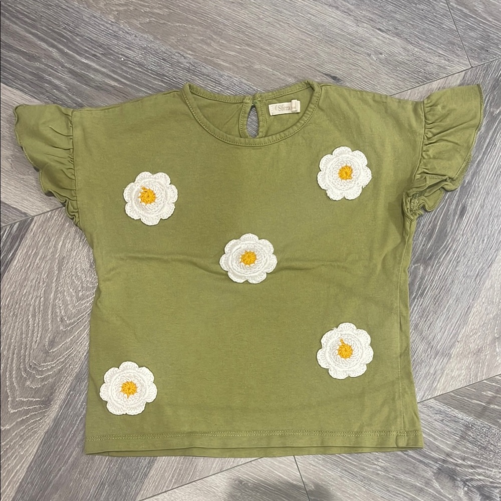 Olive Green Kids Shirt with Floral Appliques